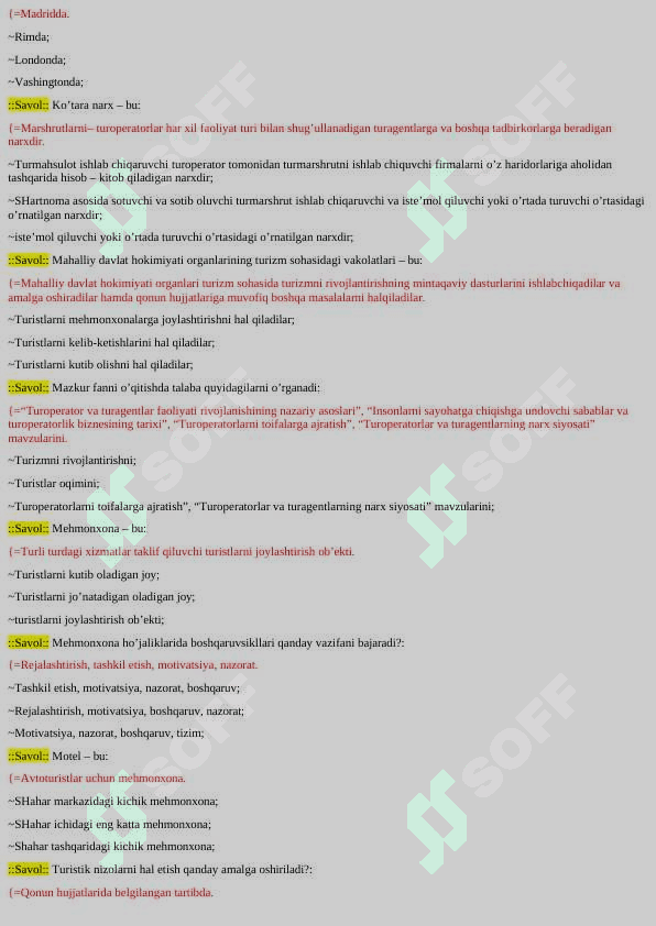 TURIZM YAKUNIY TESTLAR JAVOBLARI BILAN 7