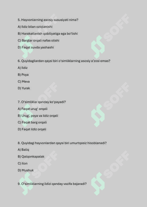 5-sinf biologiya fanidan testlar javoblari bilan 2