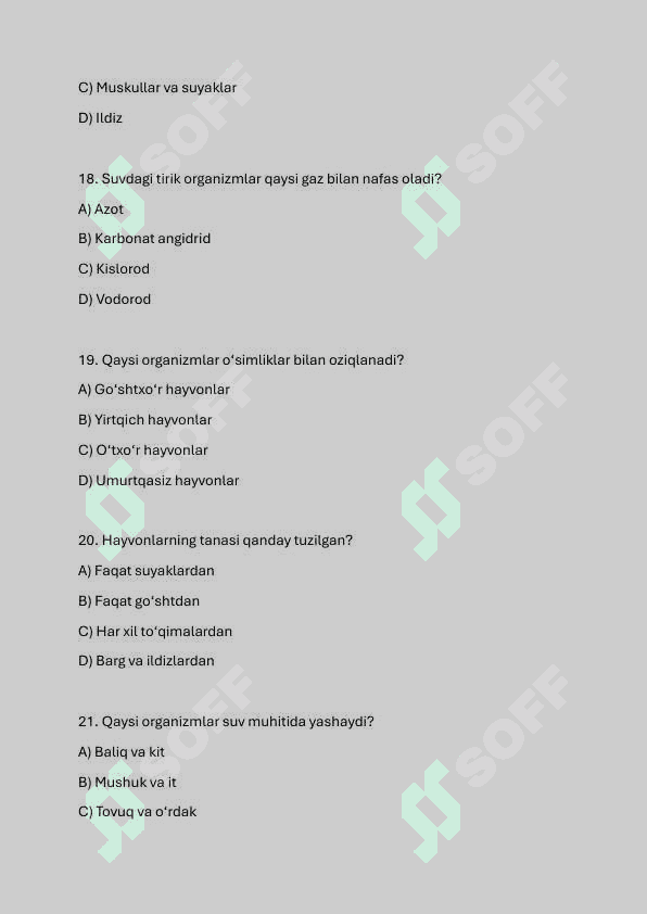 5-sinf biologiya fanidan testlar javoblari bilan 5