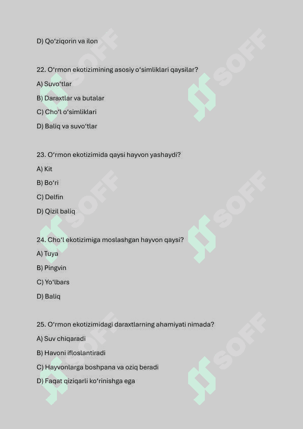 5-sinf biologiya fanidan testlar javoblari bilan 6