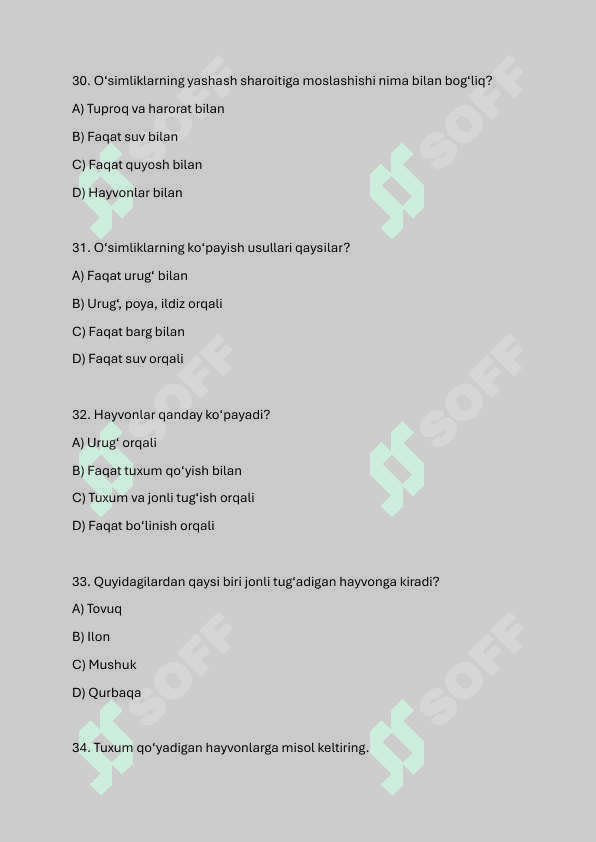 5-sinf biologiya fanidan testlar javoblari bilan 8