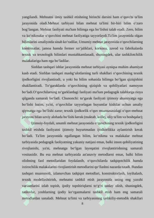 IXTISOSLASHTIRILGAN MAXSUS TA’LIMI MAKTABI O’QUVCHILARINI MEHNAT TARBIYASI VA UNGA QO’YILGAN DAVR TALABI 8