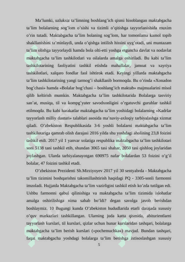 MAKTABGACHA TA’LIM TASHKILOTINING MODDIY BAZASINI VUJUDGA KELTIRISH VA MUSTAHKAMLASH 5
