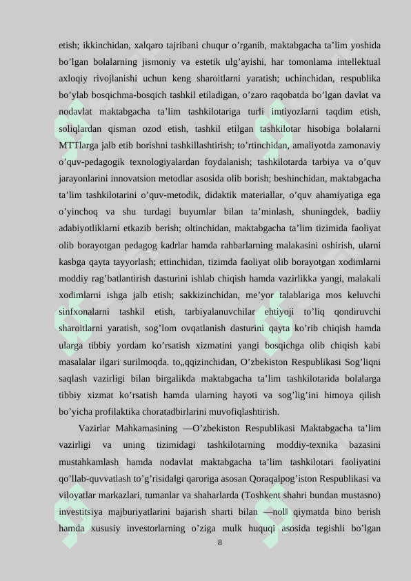 MAKTABGACHA TA’LIM TASHKILOTINING MODDIY BAZASINI VUJUDGA KELTIRISH VA MUSTAHKAMLASH 8
