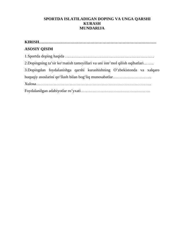 SPORTDA ISLATILADIGAN DOPING VA UNGA QARSHI KURASH 1