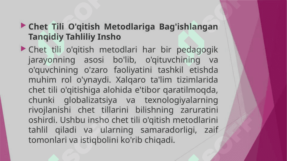 CHET TILI OʻQITISH METODLARIGA BAGʻISHLANGAN TANQIDIY TAHLILIY INSHO 2
