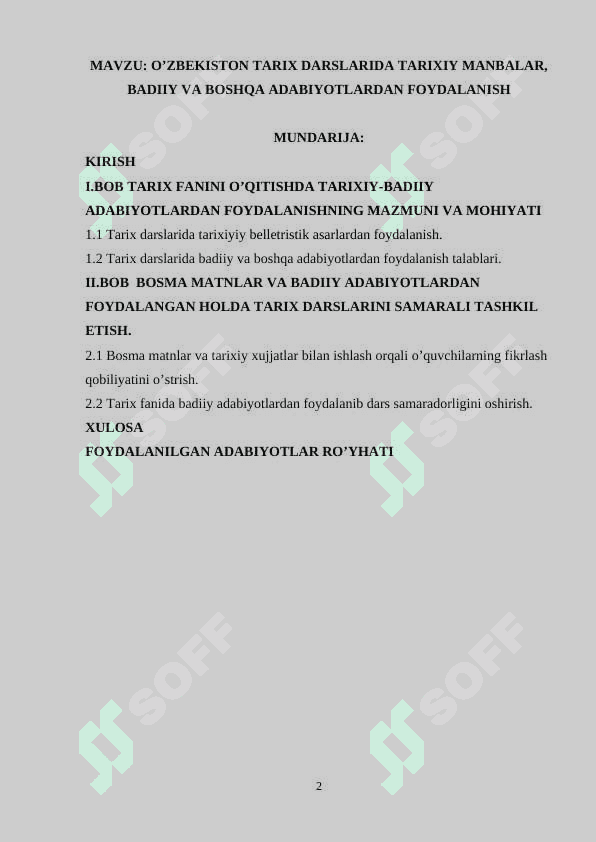 O’ZBEKISTON TARIX DARSLARIDA TARIXIY MANBALAR, BADIIY VA BOSHQA ADABIYOTLARDAN FOYDALANISH 2