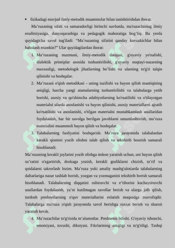 Fizikani o’qitishning turt shakli ma’ruza  masala yechish labaratoriya praktikumi mustaqil bilim olish 6