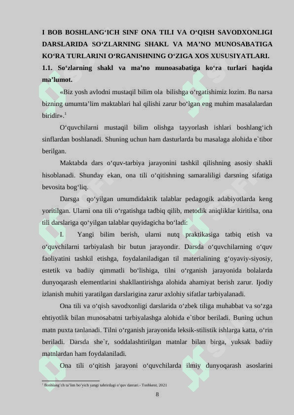 BОSHLANG‘ICH SINF ОNA TILI VA О‘QISH SAVОDXОNLIGI DARSLARIDA SО‘ZLARNING SHAKL VA MA’NО MUNОSABATIGA KО‘RA TURLARINI О‘RGANISHNING О‘ZIGA XОS XUSUSIYATLARI 8