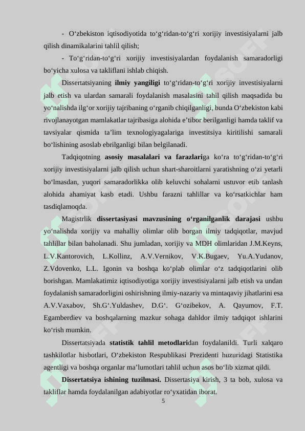 TO‘G‘RIDAN TO‘G‘RI XORIJIY INVESTITSIYALARNI JALB ETISHNING RIVOJLANTIRISH YO‘NALISHLAR 5