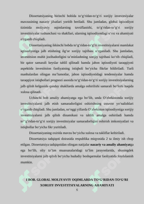 TO‘G‘RIDAN TO‘G‘RI XORIJIY INVESTITSIYALARNI JALB ETISHNING RIVOJLANTIRISH YO‘NALISHLAR 6