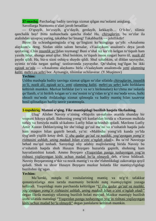 DARSLIK TARKIBIDAGI MASHQLAR TAHLILI, YECHIMLAR, KO‘RSATMALAR VA IZOHLAR 8