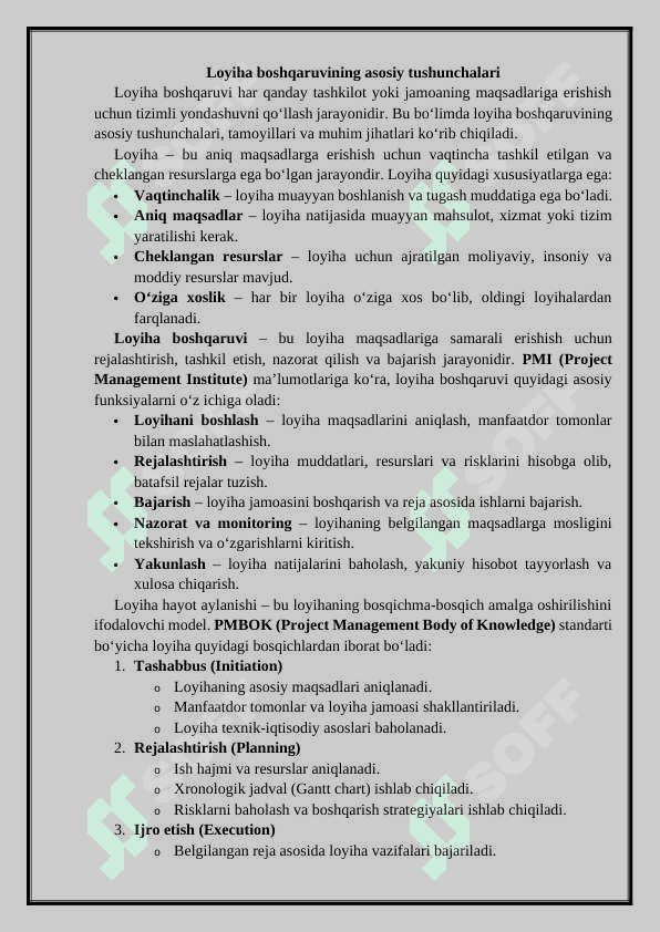 Loyihalami boshqarishni nazorat qilish va tartibga solish 2