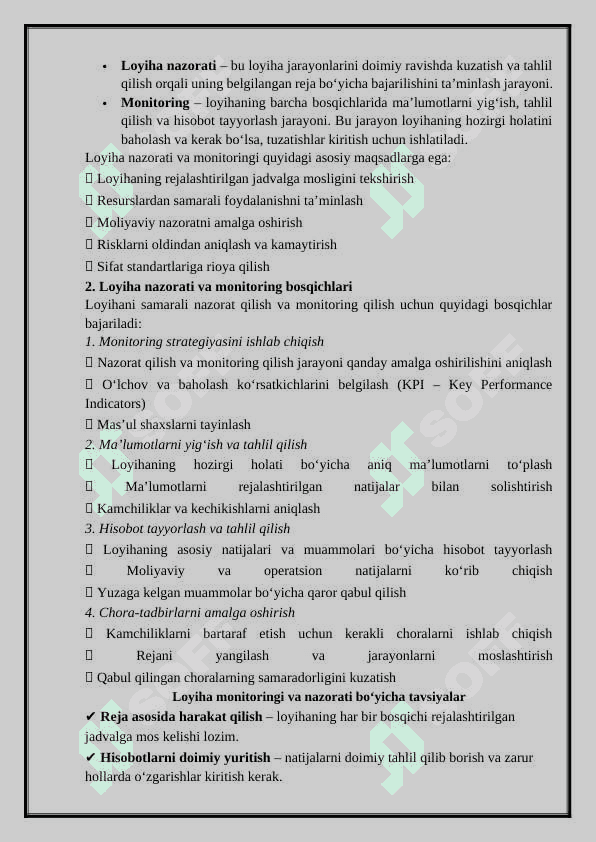 Loyihalami boshqarishni nazorat qilish va tartibga solish 4