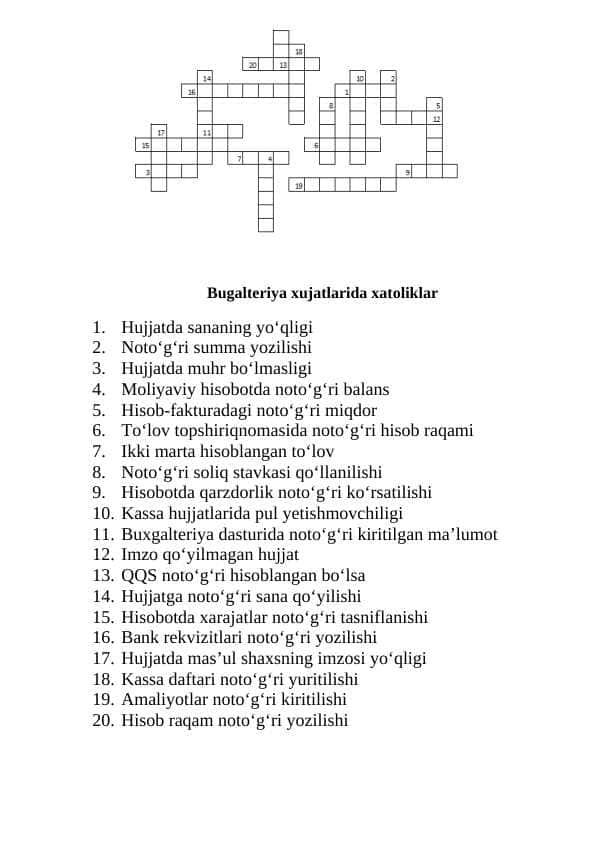 Bugalteriya xujatlarida xatoliklar kroosvord