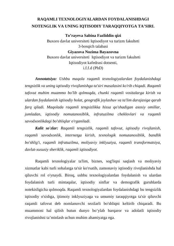 RAQAMLI TEXNOLOGIYALARDAN FOYDALANISHDAGI NOTENGLIK VA UNING IQTISODIY TARAQQIYOTGA TAʼSIRI