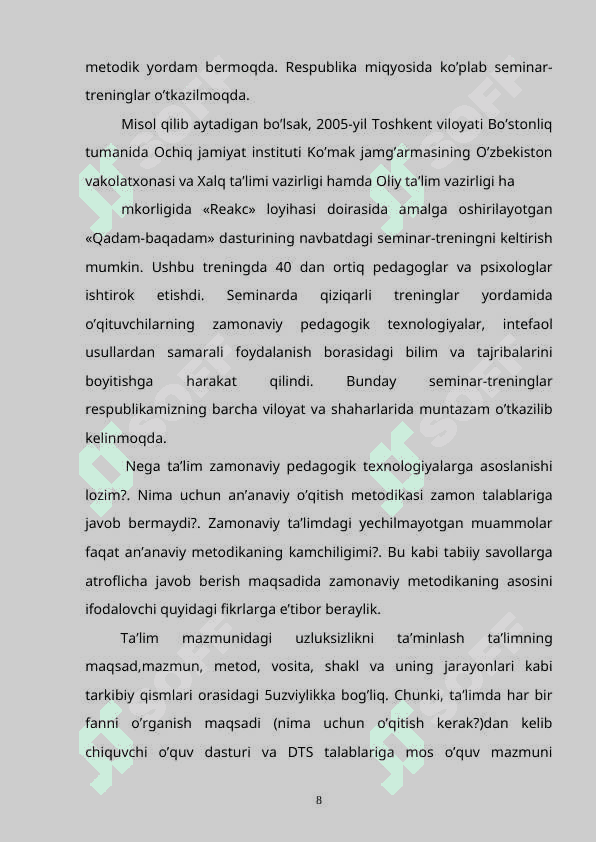BOSHLANG’ICH TA’LIMDA QO’LLANILADIGAN PEDAGOGIK TEXNOLOGIYALAR VA ULARNING QO’LLANISHDAGI O’ZIGA XOSLIGI 8