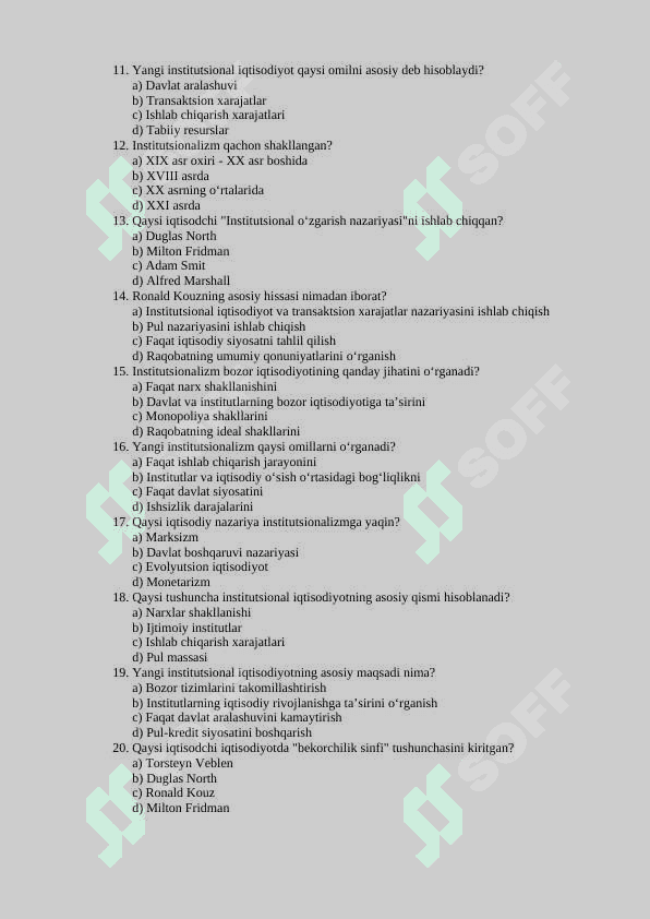 Institutsionalizmning asosiy xususiyatiari, evolyutsiyasi test 2