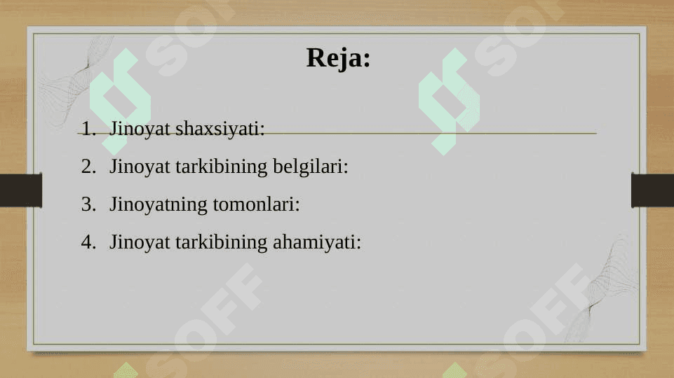 Jinoyat javobgarlik tushunchasi , jinoyat tarkibi belgilari va tomonlari 2