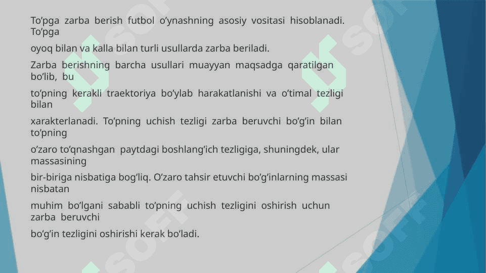 Oyoq kaftining ichki va ustki tomoni bilan zarba berish va texnikasini oʻrgatish metodikasi 2