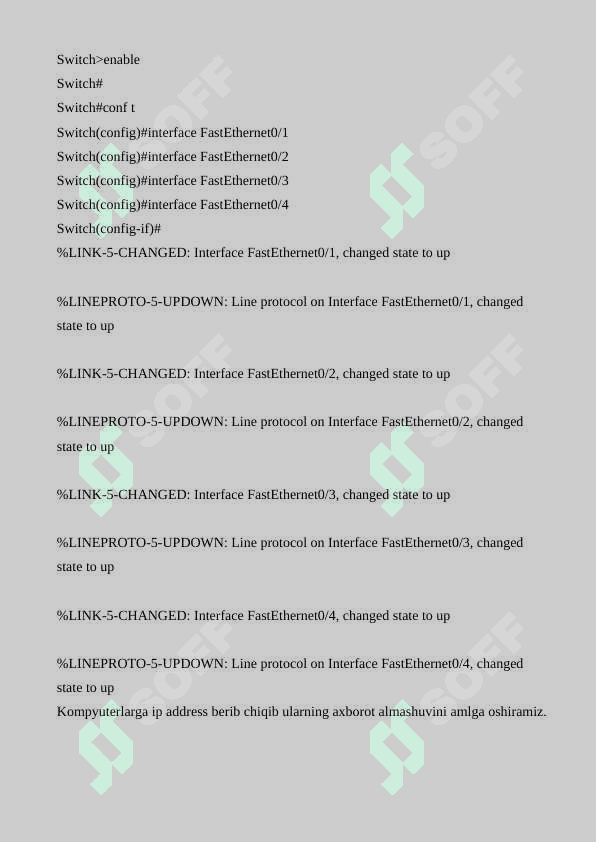 Cisco Packet Tracer  Lokal kompyuter tarmoqlari Ethernet texnologiyasi, Fast Ethernet texnologiyasi orqali tarmoqlarni yaratish 3