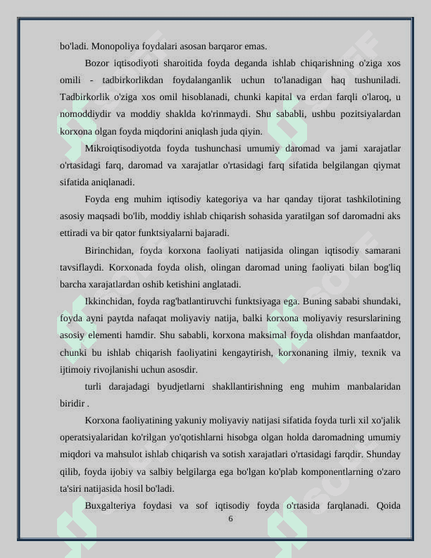 KORXONA FOYDASINI SHAKLLANTIRISH VA UNDAN SAMARALI FOYDALANISH YO’LLARI 6