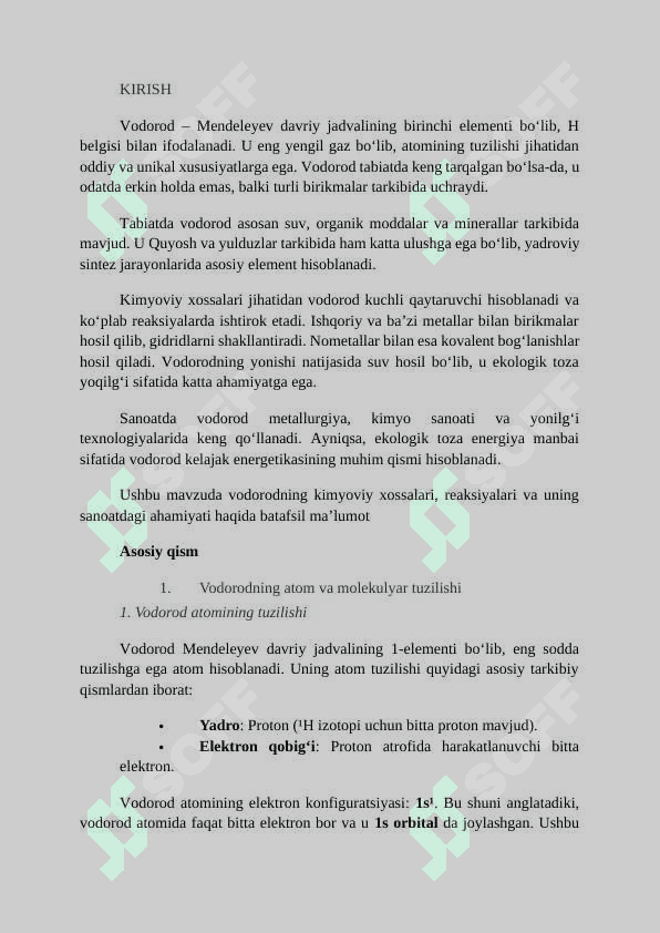 Vodorodning kimyoviy xossalari. METODIK TAVSIYA 4