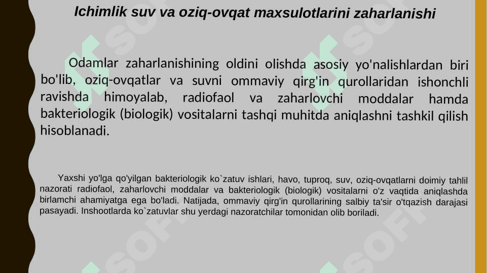 ZARARLANGAN SUV VA OZIQ OVQAT MAHSULOTLARINI MAXSUS ISHLOVDAN O`TKAZISH QAROR QABUL QILISH VA MAXSUS ISHLOVDAN O`TKAZISHNING TO`LIQLIGINI NAZORAT QILISH BO`YICHA VAZIYATLI MASALALAR YECHISH 4