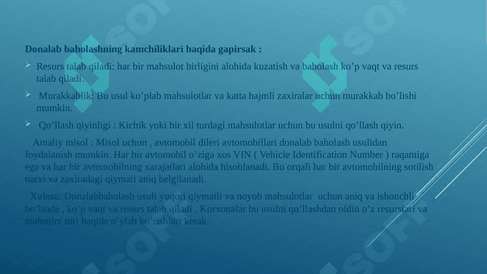 Materiallarni donalab baholash, o’rtacha bahoda, Fifo va boshqa usullarda baholab sarflashni hisobda aks ettirish 4