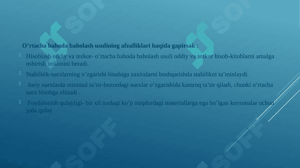 Materiallarni donalab baholash, o’rtacha bahoda, Fifo va boshqa usullarda baholab sarflashni hisobda aks ettirish 6