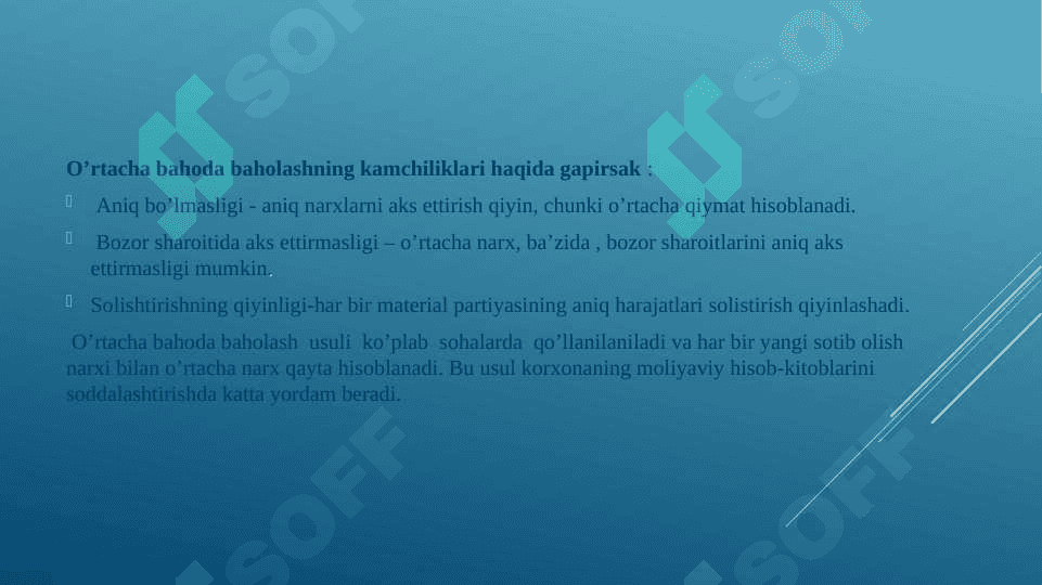 Materiallarni donalab baholash, o’rtacha bahoda, Fifo va boshqa usullarda baholab sarflashni hisobda aks ettirish 7