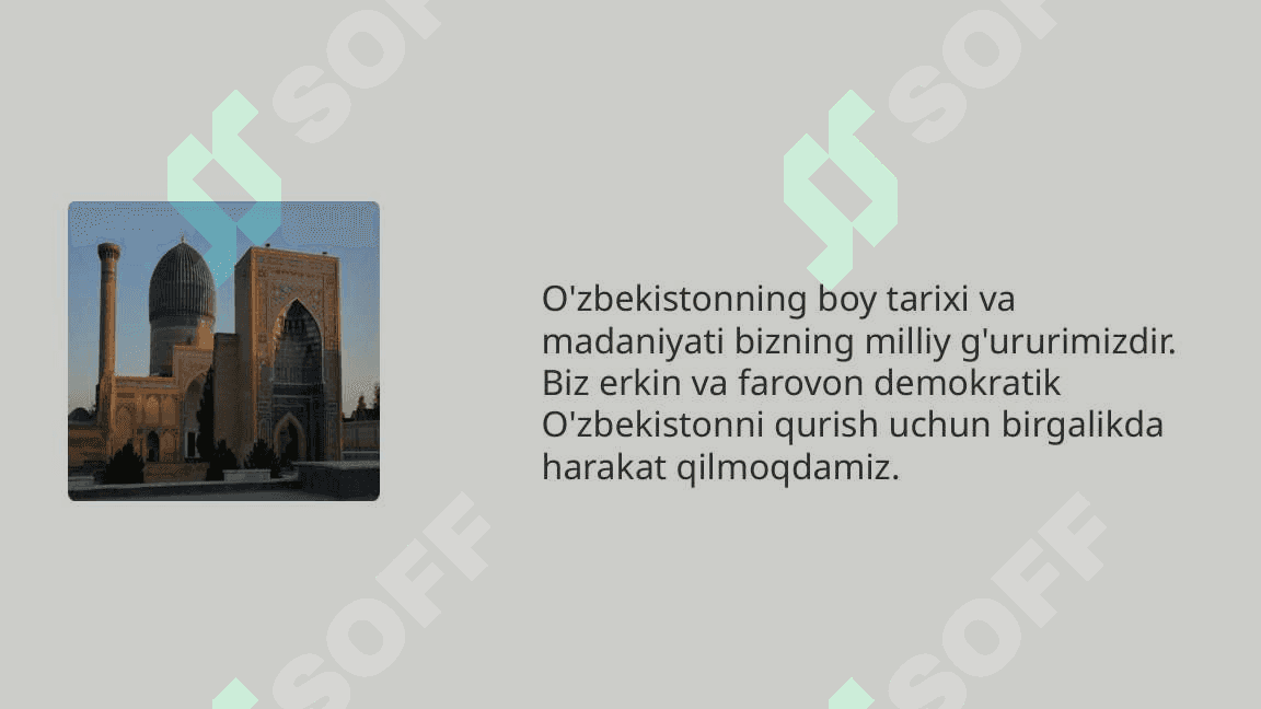 O'zbekiston o'tmishi ham, kelajagi ham buyuk davłat.Erkin va farovon demokratik O'zbekiston.Davlatini birgalikda barpo etamiz_2 2