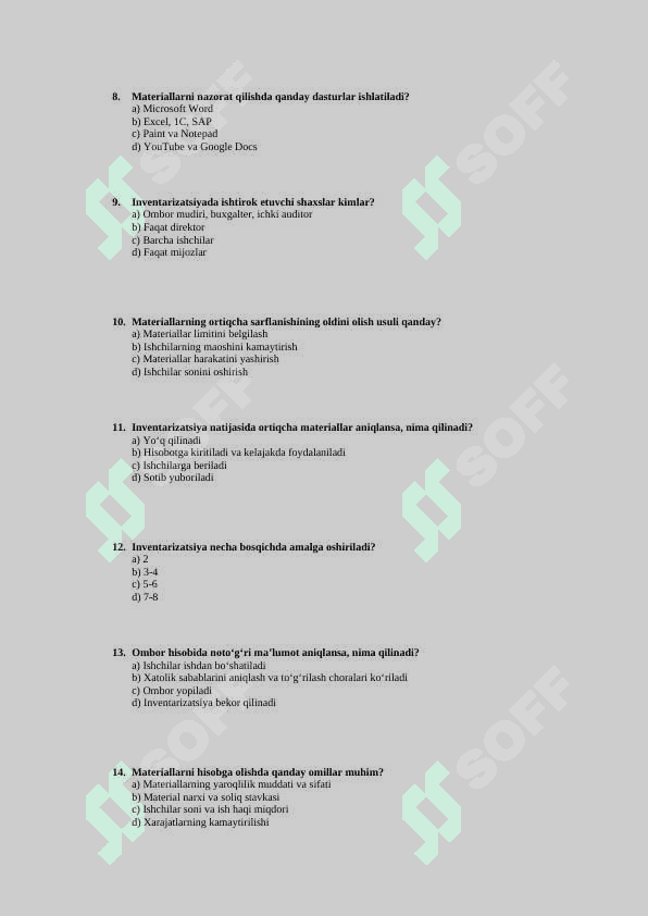 Materiallardan foydalanishni nazorat qilish va inventarizatsiyadan o‘tkazish test 2