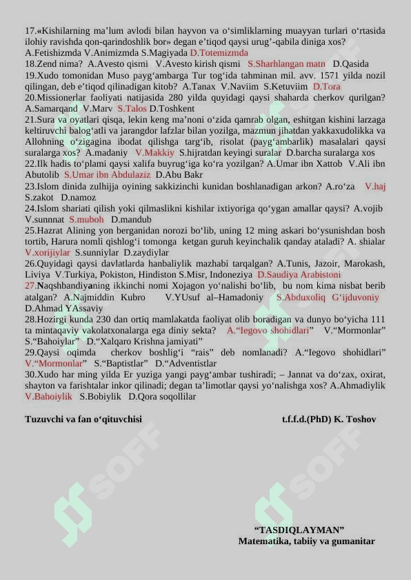 Dinshunoslik fanidan yakuniy nazorat savollari 2