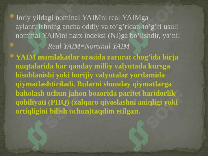 Milliy hisoblar tizimida yalpi ichki mahsulot ko’rsatkichini hisoblash shartlari va usullari 6