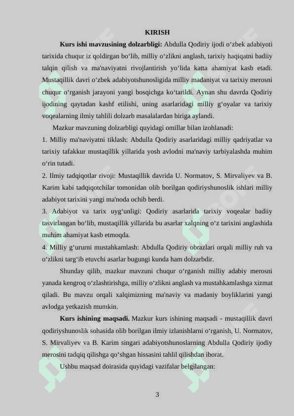 Kurs ishi: Mustaqillik davri qodiriyshunosligi (U.Normatov, S.Mirvaliyev, B.Karim) 3