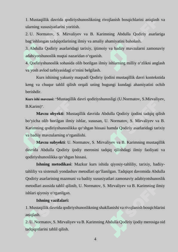 Kurs ishi: Mustaqillik davri qodiriyshunosligi (U.Normatov, S.Mirvaliyev, B.Karim) 4