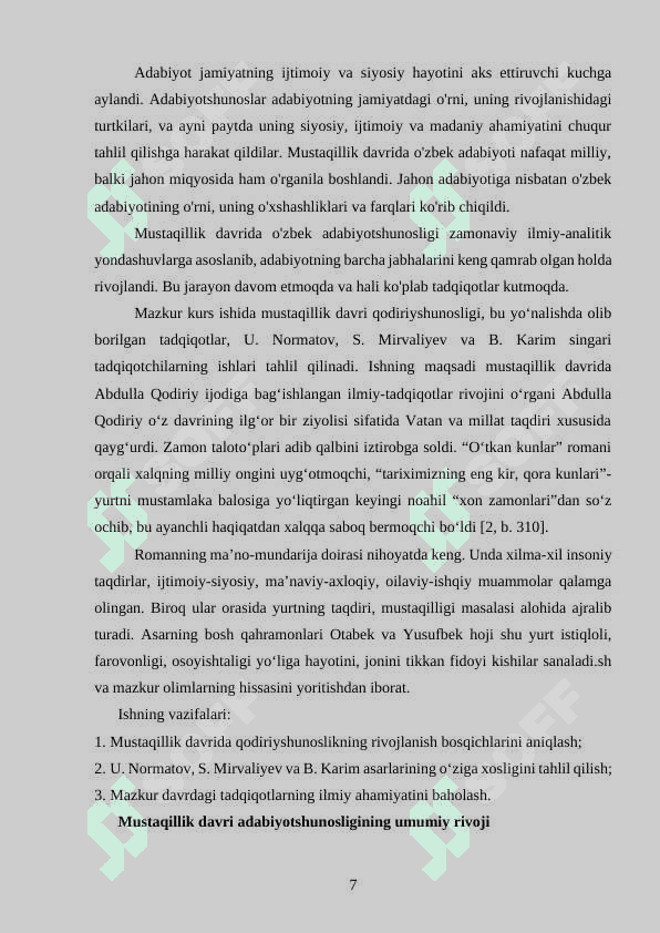 Kurs ishi: Mustaqillik davri qodiriyshunosligi (U.Normatov, S.Mirvaliyev, B.Karim) 7