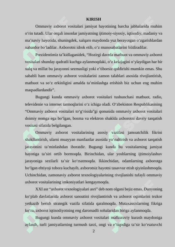 Mustaqil ish: Ommaviy axborot vositalarida innovatsiya jarayonlari 2