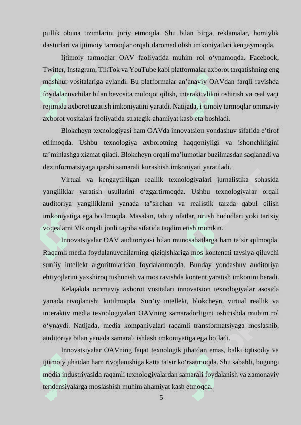 Mustaqil ish: Ommaviy axborot vositalarida innovatsiya jarayonlari 5