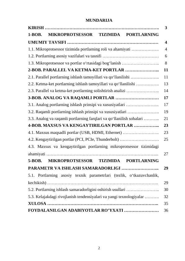 Mikroprotsessor tizimida qo'llaniladigan portlarning asosiy turlari, parametrlari va ishlash tamoyillari