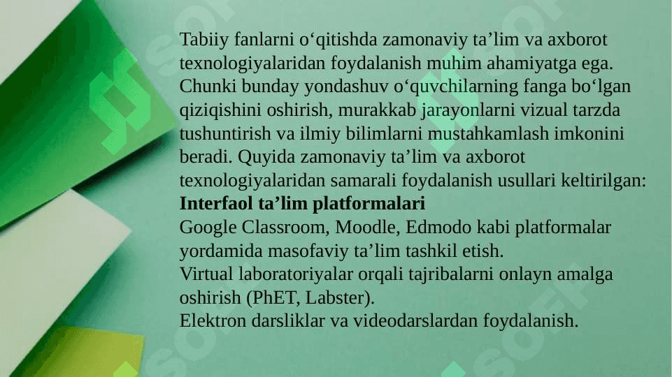 Tabiiy fanlarni o‘qitishda innovatsion ta’lim (didaktik-o‘yinli, hamkorlikda o‘qitish, muommoli, modulli ta’lim) va axborot texnologiyalaridan foydalanish.  Tabiiy fanlar nazariyasi va metodikasidan o‘quv ishlarini tashkil etish shakllari. 3