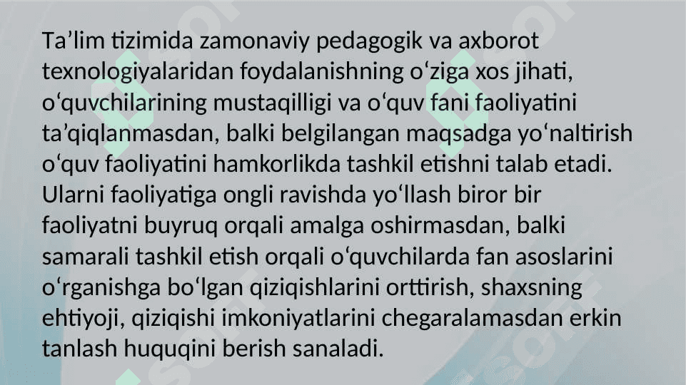 Tabiiy fanlarni o‘qitishda innovatsion ta’lim (didaktik-o‘yinli, hamkorlikda o‘qitish, muommoli, modulli ta’lim) va axborot texnologiyalaridan foydalanish.  Tabiiy fanlar nazariyasi va metodikasidan o‘quv ishlarini tashkil etish shakllari. 5