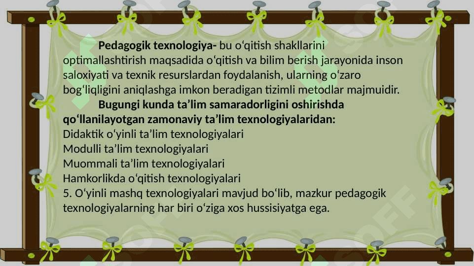 Tabiiy fanlarni o‘qitishda innovatsion ta’lim (didaktik-o‘yinli, hamkorlikda o‘qitish, muommoli, modulli ta’lim) va axborot texnologiyalaridan foydalanish.  Tabiiy fanlar nazariyasi va metodikasidan o‘quv ishlarini tashkil etish shakllari. 6