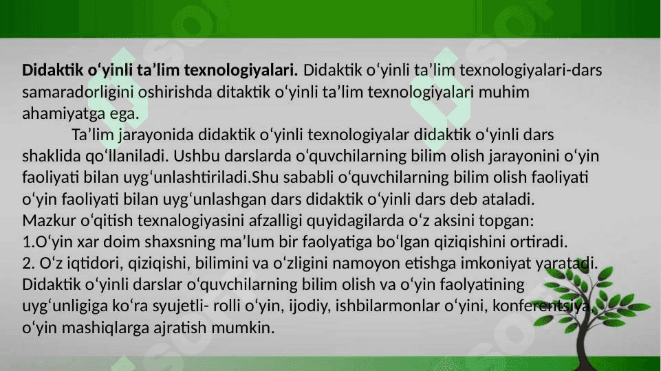 Tabiiy fanlarni o‘qitishda innovatsion ta’lim (didaktik-o‘yinli, hamkorlikda o‘qitish, muommoli, modulli ta’lim) va axborot texnologiyalaridan foydalanish.  Tabiiy fanlar nazariyasi va metodikasidan o‘quv ishlarini tashkil etish shakllari. 7