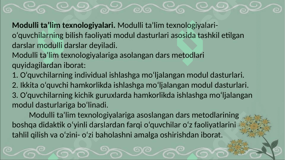 Tabiiy fanlarni o‘qitishda innovatsion ta’lim (didaktik-o‘yinli, hamkorlikda o‘qitish, muommoli, modulli ta’lim) va axborot texnologiyalaridan foydalanish.  Tabiiy fanlar nazariyasi va metodikasidan o‘quv ishlarini tashkil etish shakllari. 8