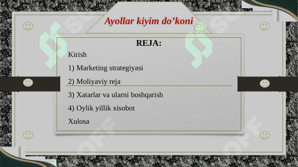 Tadbirkorlik faolyatini tashkil etish. Ayolar kiyim do’koni soxasida 2