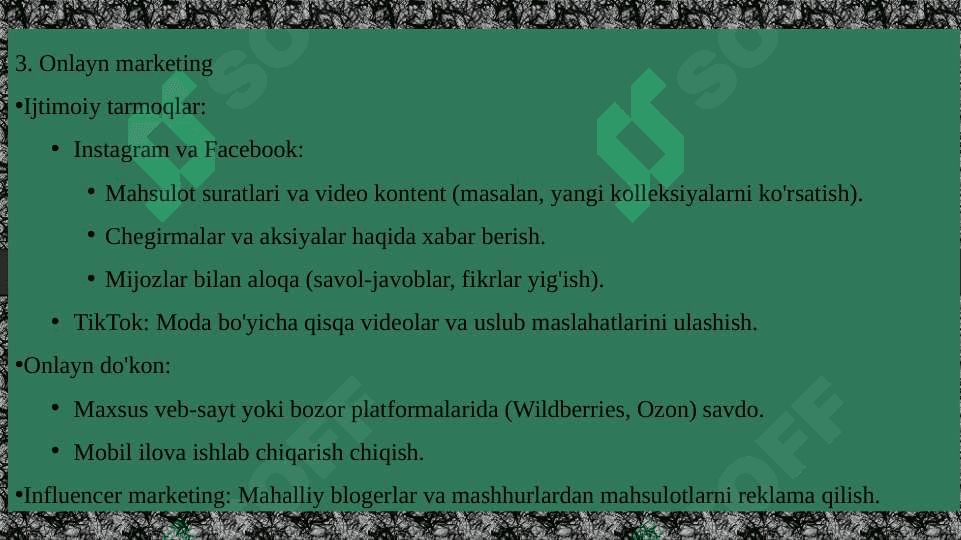 Tadbirkorlik faolyatini tashkil etish. Ayolar kiyim do’koni soxasida 5
