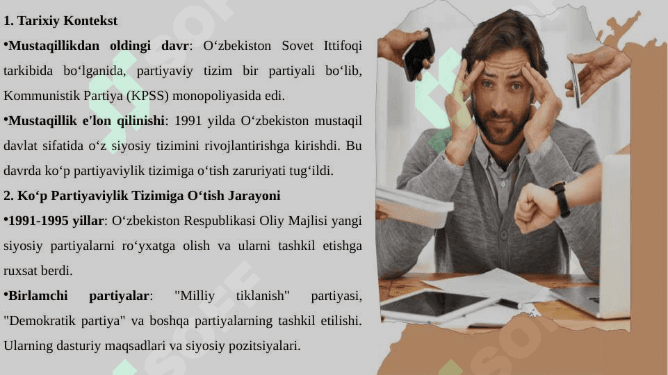 Oʻzbekiston kop partiyaviylik tizimining shakllanishi, muomalari va ularni yechimi 3