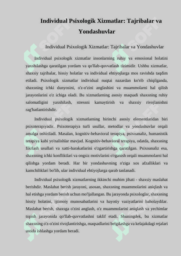 PSIXOLGIK XIZMATNI 3 NUQTAI NAZARDAN QARAB CHIQISH. PSIXOLOGIK XIZMATNING UCHTA ASOSIY BO'G'INLARI 3